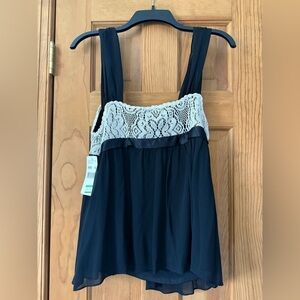 ECI New York Womens Black Baby Doll Top Beige Lace Detail Size 12 NWT 100% Silk